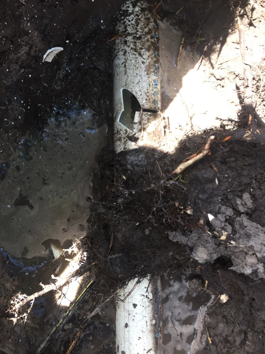 Broken sewer pipe excavation
